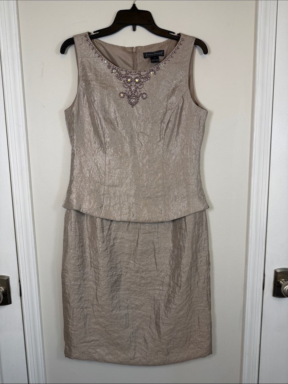 Jessica Howard Beaded Embellished Metallic Champagne Taupe Cocktail Dress 10